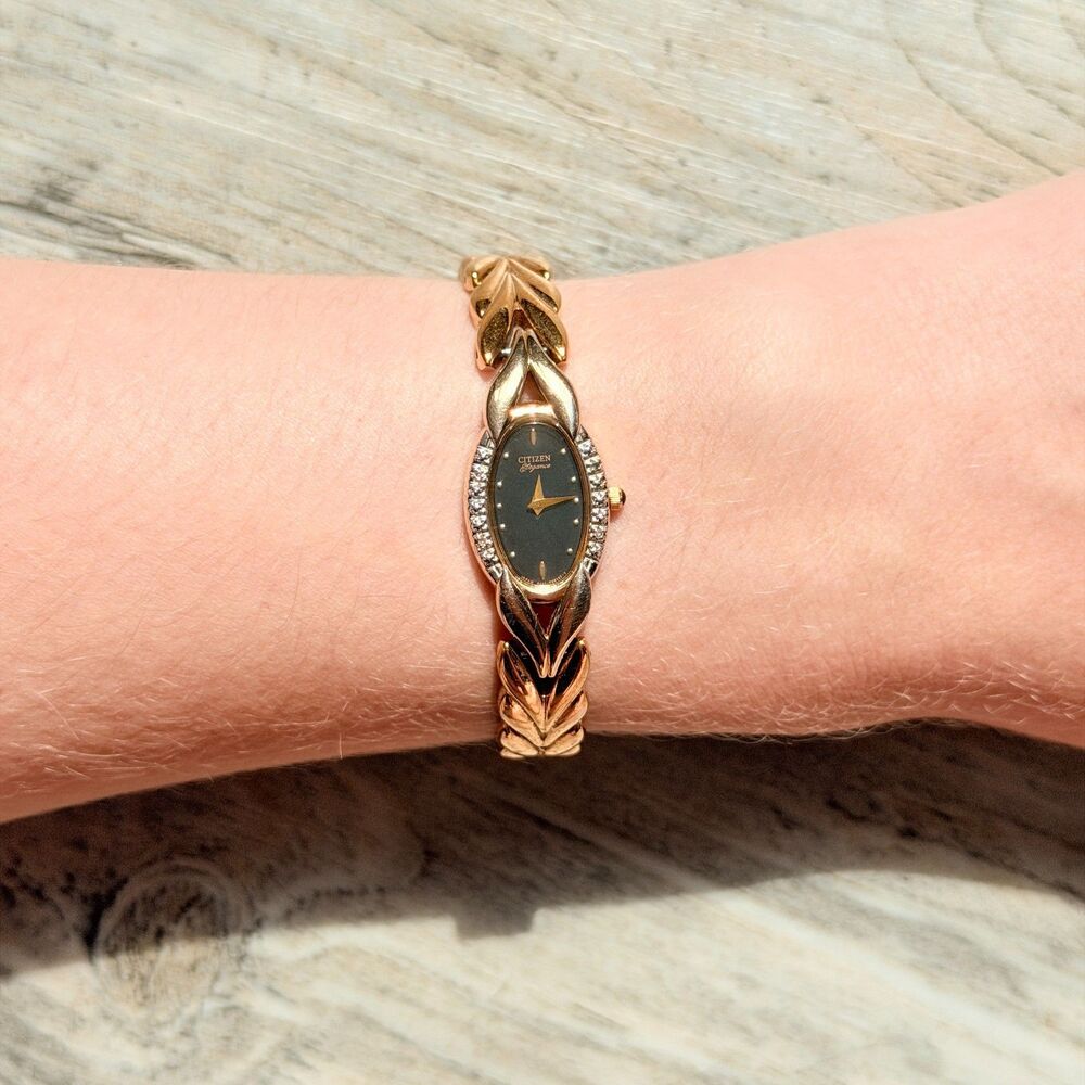 Citizen Elegance 5421-F44701 Gold Tone Diamond Oval Watch Black Dial Dainty